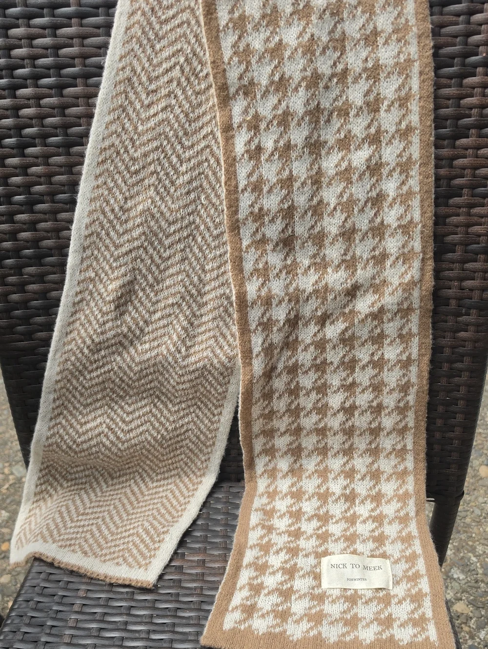 Neutral Cream & Tan Houndstooth Knit Scarf - Cozy Everyday Layer